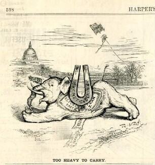 Too heavy too carry : der weiße Elefant der Republikaner bricht unter dem Gewicht eines Magneten, der James Blaine darstellt, zusammen