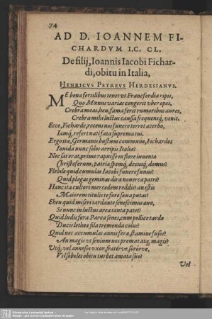 De filij, Joannis Jacobi Fichardi, obitu in Italia