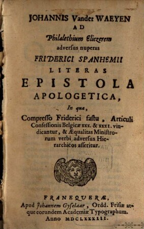 Adversus Fried. Spanhemii literas epistolas apologeticas