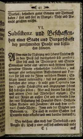 VI. Subsistenz und Beschaffenheit einer Stadt und Burgerschafft bey zunehmenden Pracht und köstlichen Lebwesen.
