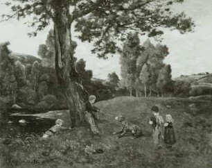 Sommerlandschaft mit spielenden Kindern und Hund