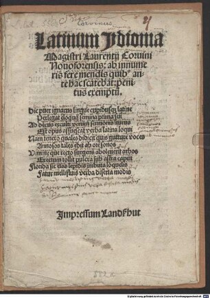 Latinum Ydioma Magistri Laurentij Coruini Nouoforensis