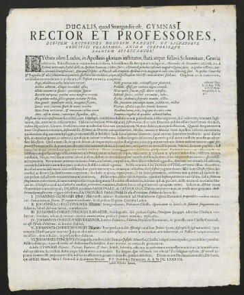Ducalis, quod Stuttgardiae est, Gymnasi[i] Rector Et Professores...