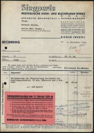 Firmenbriefkopf Siegperle, Westfälische Eisen- und Blechwaren - Werke G.M.B.H., Apparate - Bauanstalt - Schweiswerk