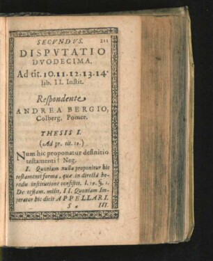 Disputatio Duodecima. Respondente Andrea Bergio.