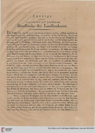 Anzeige eines praetischen und populairen Handbuchs der Landbaukunst