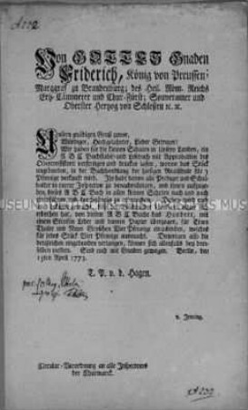Behördenweisung an die Inspektoren der Kurmark über die Herausgabe und Einführung des Schulbuches "Abc Buchstabir- und Lesebuch"; Berlin, 15. April 1773