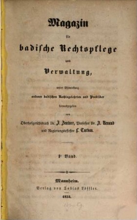 Magazin für badische Rechtspflege und Verwaltung. 1, 1. 1854