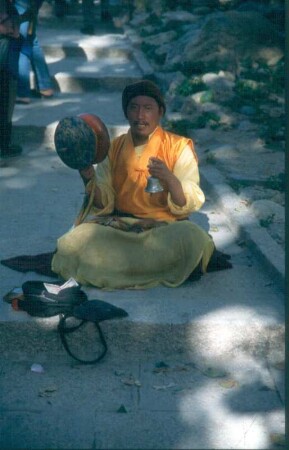 Tibet, Drepung-Kloster bei Lhasa. Laienpriester mit Handtrommel (Damaru) und Glocke