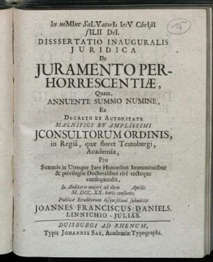 Disssertatio Inauguralis Juridica De Juramento Perhorrescentiæ