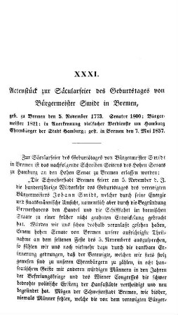Actenstück zur Säcularfeier des Geburtstages von Bürgermeister Smidt in Bremen, geb. zu Bremen den 5. November 1773, ..., gest. in Bremen den 7. Mai 1857.