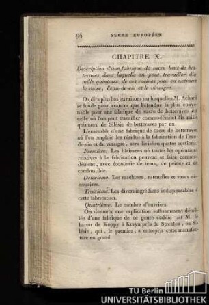 Chapitre X. Description d'une fabrique de sucre brut de betteraves dans laquelle on peut travailler dix mille quintaux de ces racines pour en extraire le sucre, I'eau-de-vie et le vinaigre