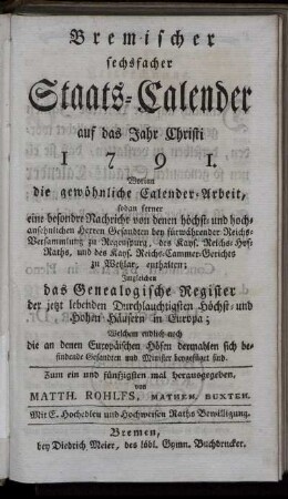 1791: Bremischer sechsfacher Staats-Calender