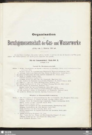 Organisation der Berufsgenossenschaft der Gas- und Wasserwerke gültig vom 1. Oktober 1909 ab