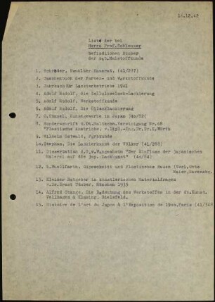 Liste der bei Herr Prof. Schlemmer befindlichen Bücher der Abt. Malstoffkunde