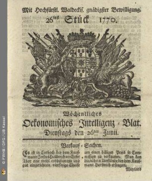 26tes Stueck, Dienstags den 26ten Junii 1770