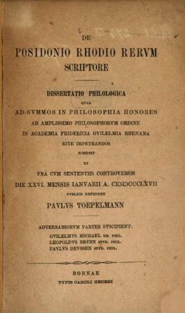De Posidonio Rhodio rerum scriptore : Dissertatio inauguralis