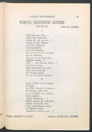 Viejo Buenos Aires : Tango. Editorial Apolo