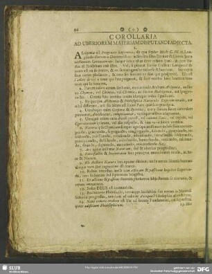 Corollaria Ad Uberiorem Materiam Disputandi Adiecta