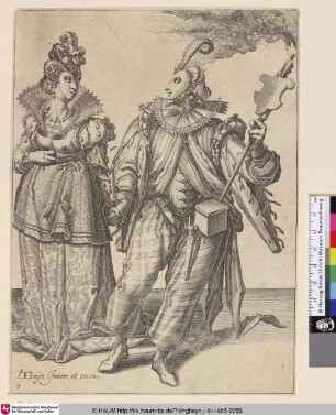 [Eine Frau und ein Maskierter mit Fackel; A Woman Led by a Player Holding a Torch]