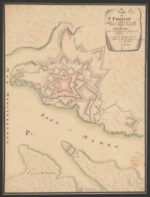 Plan de St. Philipe : situe a la Emboucherie du Port de Mahon dans l'Isle de Minorque avec le fortificatio fait par les Anglois