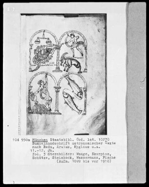 Michael Scotus - Astrologie. Sammelhandschrift astronomischer Texte nach Beda Venerabilis Aratus, Hyginus, Isidor von Sevilla — Sechs Sternbilder - Waage, Skorpion, Schütze, Steinbock, Wassermann und Fische