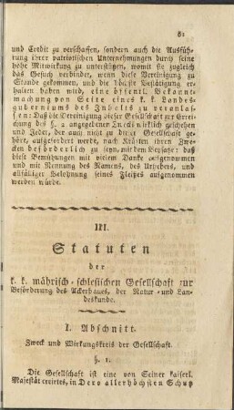 III. Statuten der k.k. mährisch-schlesischen Gesellschaft zur Beförderung des Ackerbaues, ...