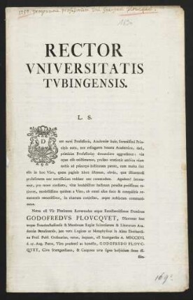 Rector Vniversitatis Tvbingensis. L. S.