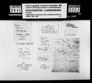 Teilabschriften von Urkunden, Kurzregesten, Manuskriptfragmente und Notizen [des Oberstudienrats Christoph Friedrich Stälin] auf Zetteln zur mittelalterlichen Besitzgeschichte im Bezirk, zum Adel und zu den Klöstern