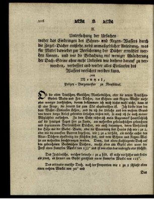 II. Untersuchung der Ursachen woher das Eindringen des Schnee- und Regen-Wassers durch die Ziegel-Dächer entstehe...