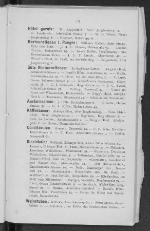 Hôtel garnis, Restaurationen 1. Ranges, Gute Restaurationen, Austernsalons, Kaffehäuser, Conditoreien, Bierlokale, Weinstuben.