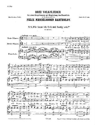 Felix Mendelssohn-Bartholdys Werke. 18,139. Nr. 139, Drei Volkslieder. - 9 S. - Pl.-Nr. M.B.139