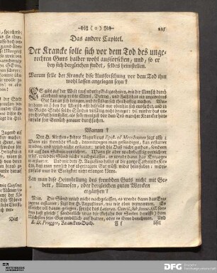 Das andere Capitel. Der Krancke solle sich vor dem Tod des ungerechten Guts... ausforschen, und... selbes heimstellen