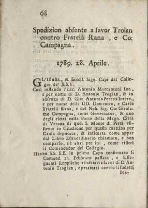 Spedizion absente a favor Troian contro Fratelli Rana , e Co: Campagna.