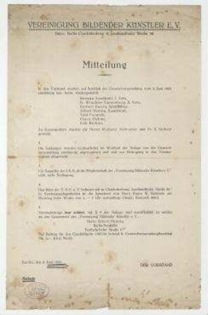 Mitteilung über die Vorstandswahlen der Vereinigung Bildender Künstler e. V. vom 2. Juni 1925.