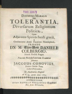 Discursus Moralis De Tolerantia, Diversarum Religionum Politica