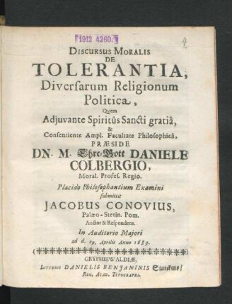 Discursus Moralis De Tolerantia, Diversarum Religionum Politica
