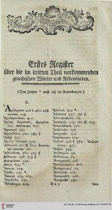 Erstes Register über die im dritten Theil vorkommenden griechischen Wörter und Redensarten