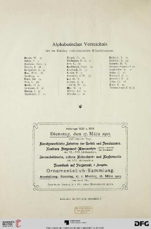 Alphabetisches Verzeichnis der im Katalog vorkommenden Künstlernamen