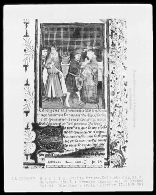 Chroniques de France in zwei Bänden — Chroniques de France, Band 1 — König Chlothar II. mit Gefolge, Folio 64recto