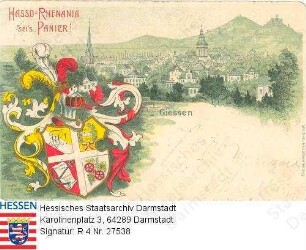 Gießen, Panorama mit Wappen der Burschenschaft 'Hasso-Rhenania' in der linken unteren Ecke