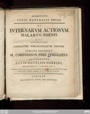 Dissertatio Ivris Natvralis Prior De Internarvm Actionvm Malarvm Poenis
