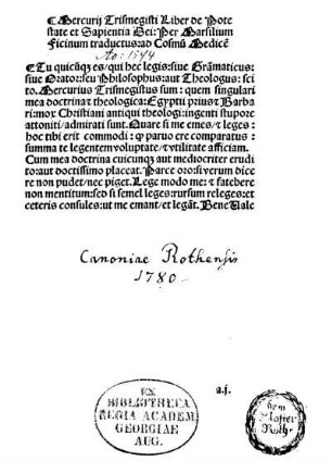 Mercurii Trismegisti liber de potestate et sapientia Dei, per Marsilium Ficinum traductus