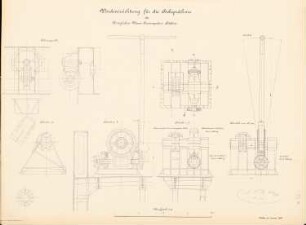 Hebeprähme der Wasserbauinspektion, Stettin: Windevorrichtung: Ansicht, Schnitte 1:10