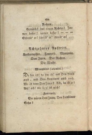 Achtzehnter Auftritt. Kerkermeister. Fontrose. Mosquito. Don Juan. Der Richter. Die Wache.