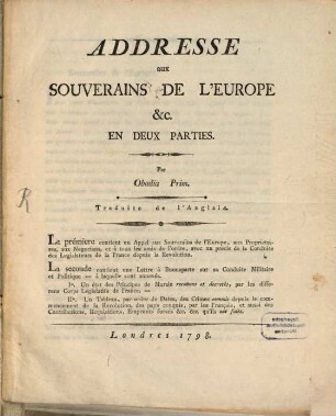 Addresse aux souverains de l'Europe : en deux parties