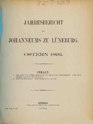 Jahresbericht des Johanneums zu Lüneburg : Ostern .... 1892/93