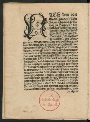 Nach dem von Gotts gnaden/ Wir Johans Friederich ...