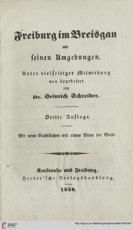 Freiburg im Breisgau mit seinen Umgebungen : mit neun Stahlstichen und einem Plane der Stadt