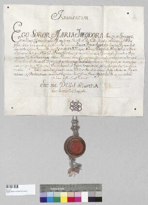Maria Theodora [von Edlweck], Äbtissin von Kloster Seligenthal, leistet gegenüber Papst Benedikt XIV., Franciscus [Francois Trouve], Abt von Citeaux, Hieronymus [Held], Abt von Kloster Ebrach, und Theobald [Grad], Abt von Kloster Aldersbach, den Gehorsamseid (iuramentum obedientiae). S: Maria Theodora [von Edlweck], Äbtissin von Kloster Seligenthal